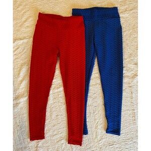 TWO Pair Stretch Pants  Leggings Red Blue Textured Cropped Tapered Ankle New